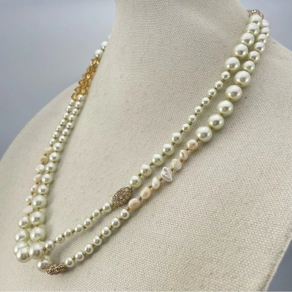 Vintage Chicos Freshwater Pearls Glass Pearls Beaded Long Necklace Boho Classic